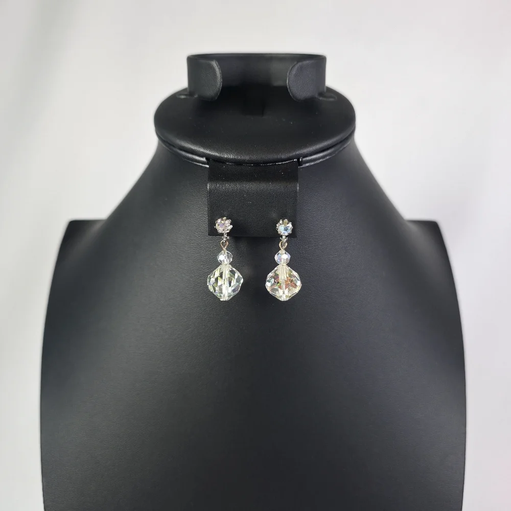 Laguna Vintage Aurora Borealis Pendant Earrings Clip On Signed AB Crystal Dangle